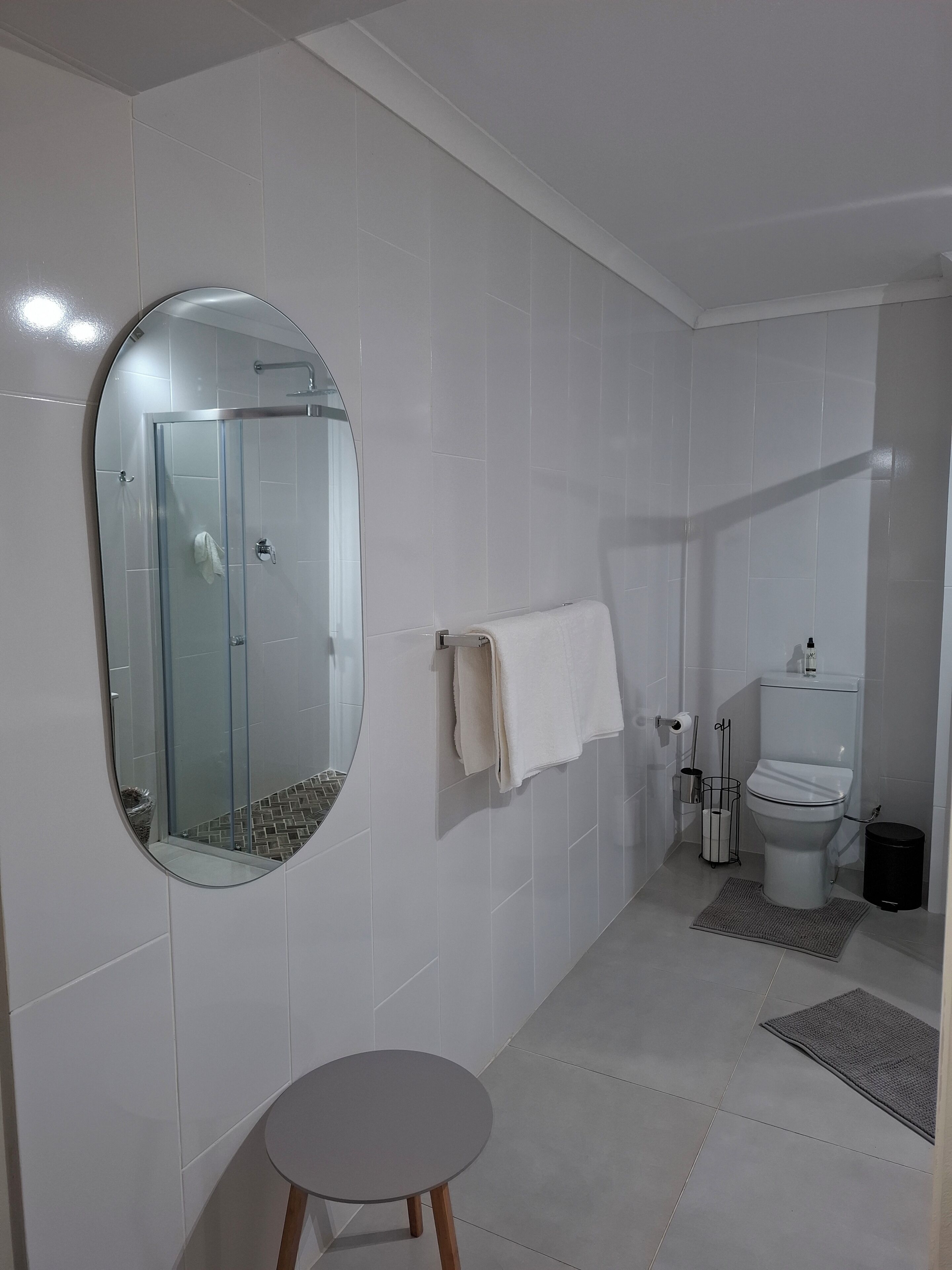 Un baño moderno con cabina de ducha de vidrio, inodoro y espejo redondo.