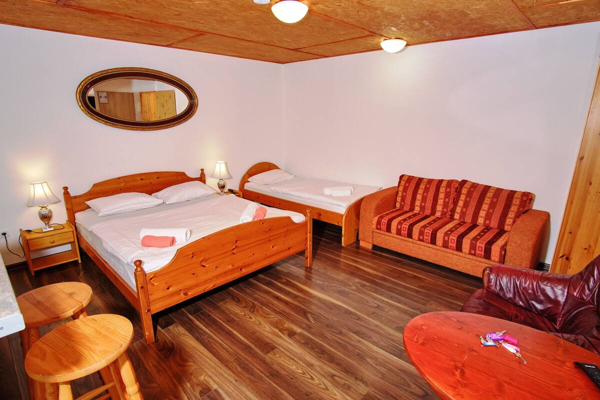 Een kamer met twee houten bedden, een bank, een tafeltje en een spiegel aan de muur.