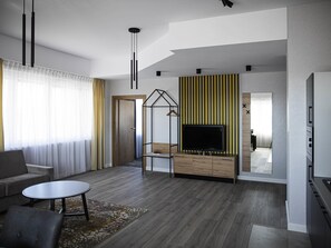 Desk, laptop workspace, blackout drapes, soundproofing