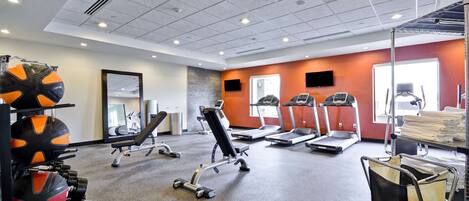 A gym with treadmills, weight machines, and free weights.