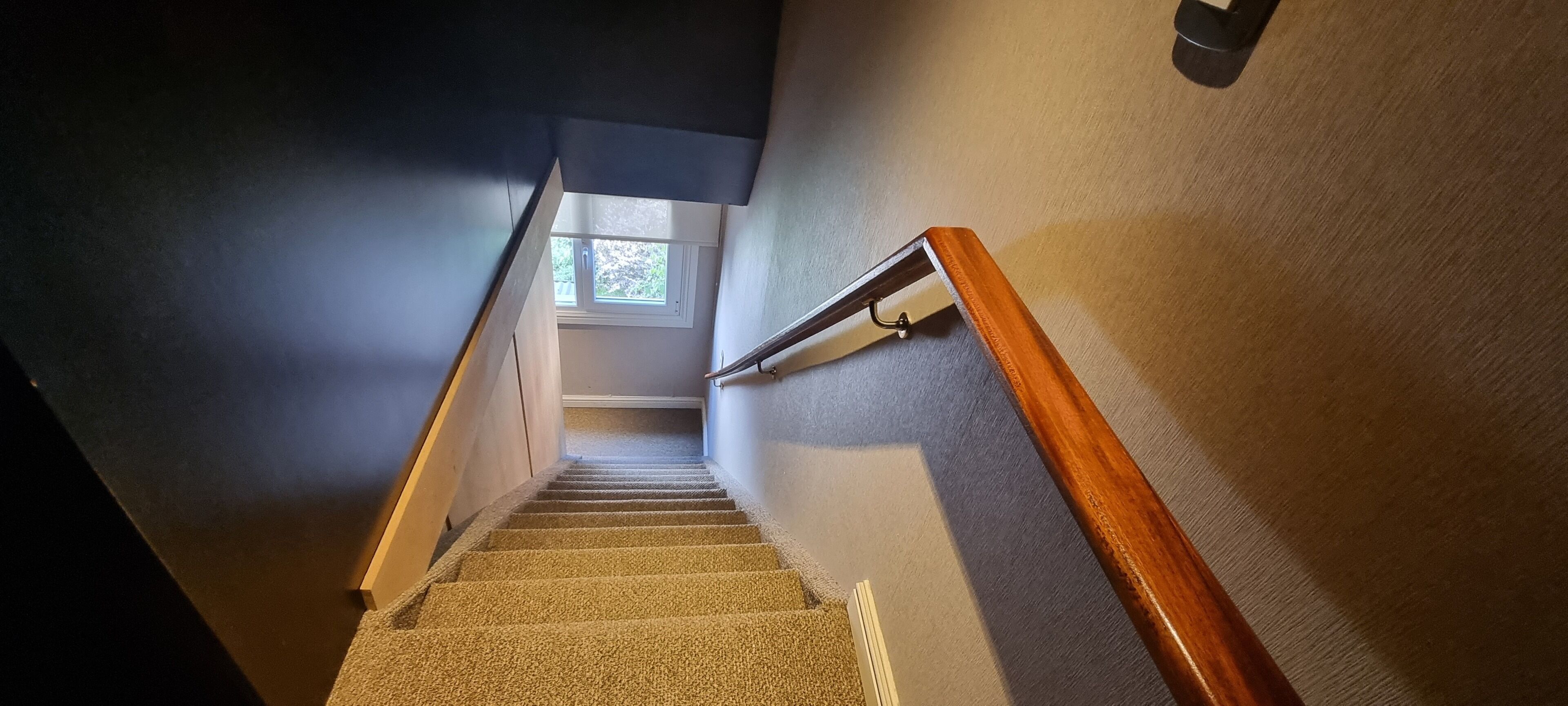 A carpeted stairway with a wooden handrail, leading to a landing with a window.