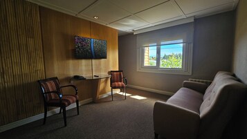 Una habitación con pared de paneles de madera, un televisor sobre una mesita pequeña, dos sillones, un sofá y una ventana con vistas a zonas verdes.