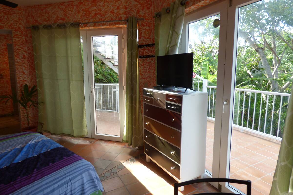 A bedroom with a bed, a dresser, a television on a cabinet, and a balcony with a view of trees.