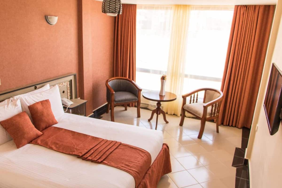 A hotel room with a large bed, two chairs, a small table, and a TV.
