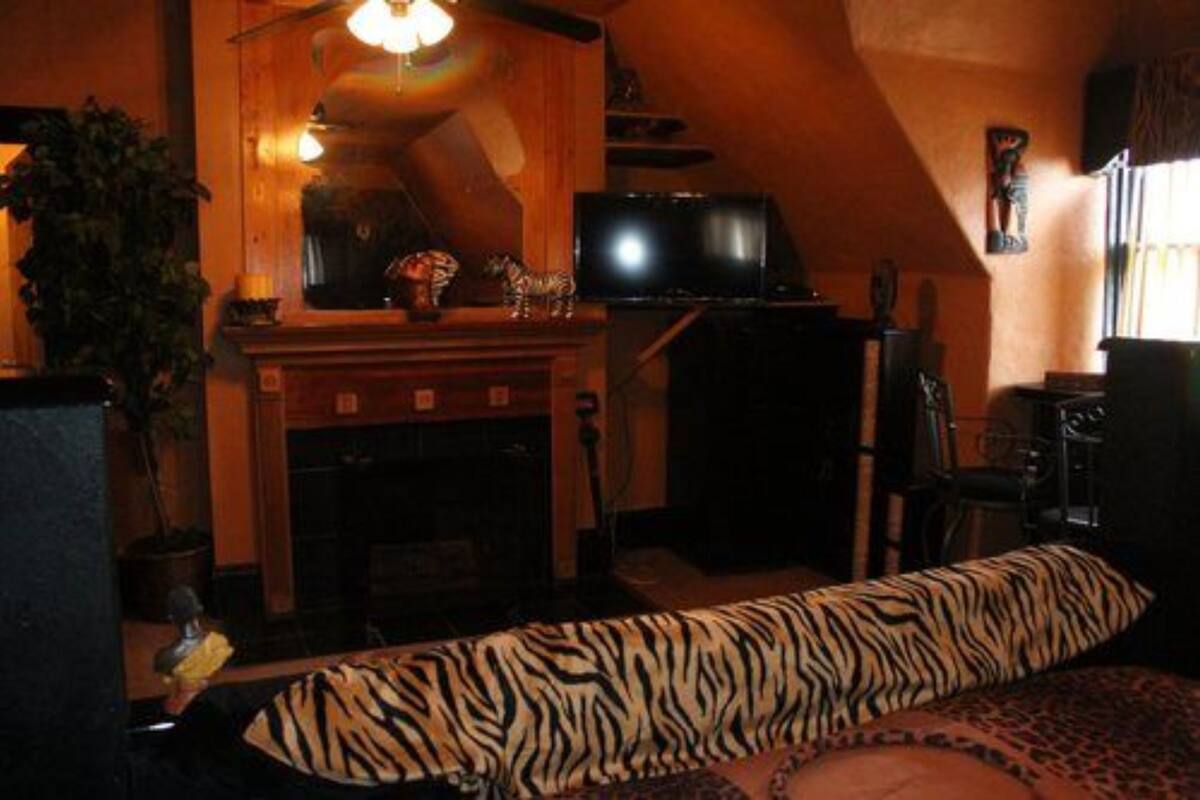 Uma sala de estar aconchegante com lareira, televisão e um banco com padrão de zebra.