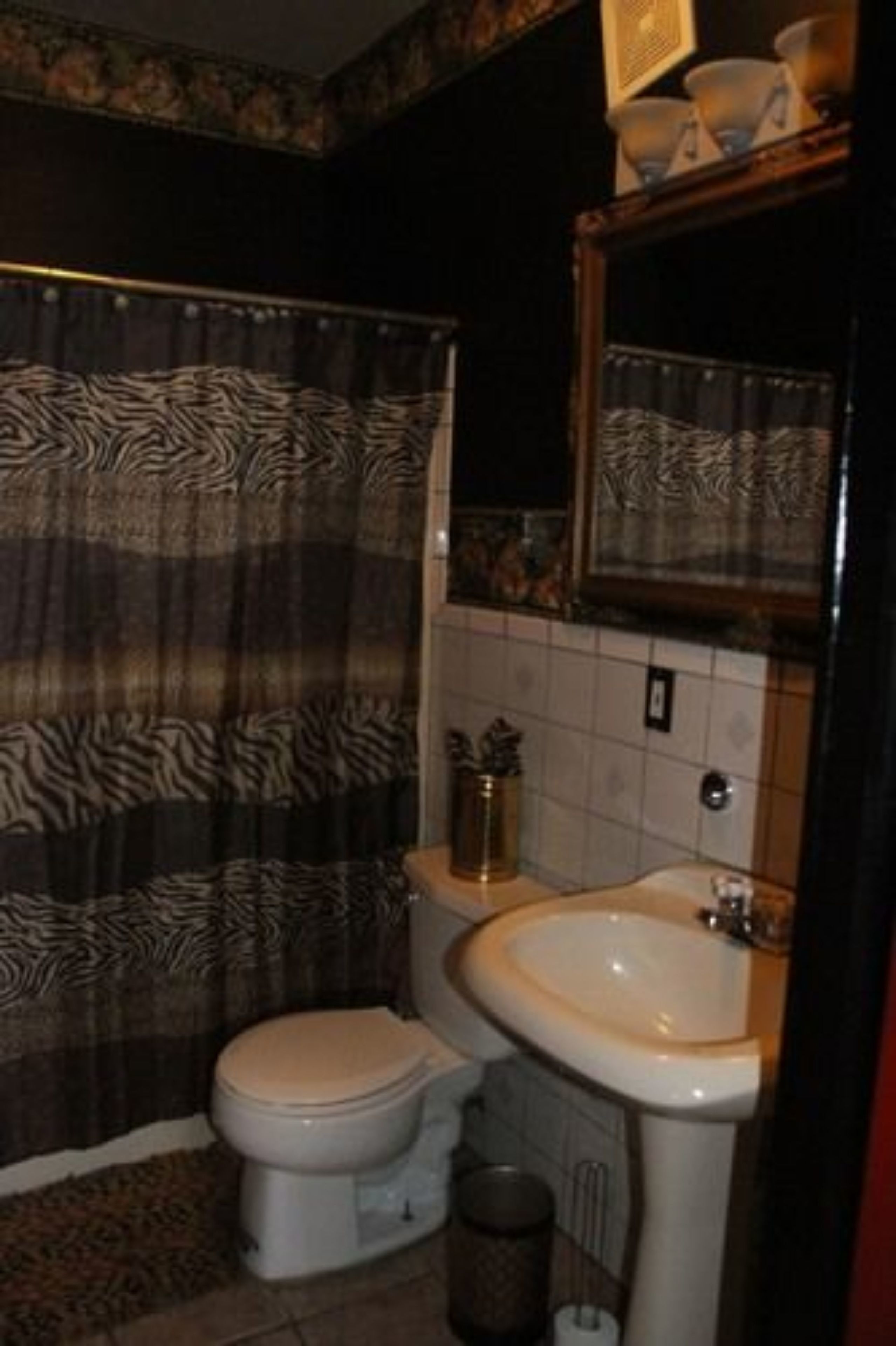 Une salle de bain avec un rideau de douche à motifs zébrés, des toilettes blanches et un lavabo avec un miroir au-dessus.