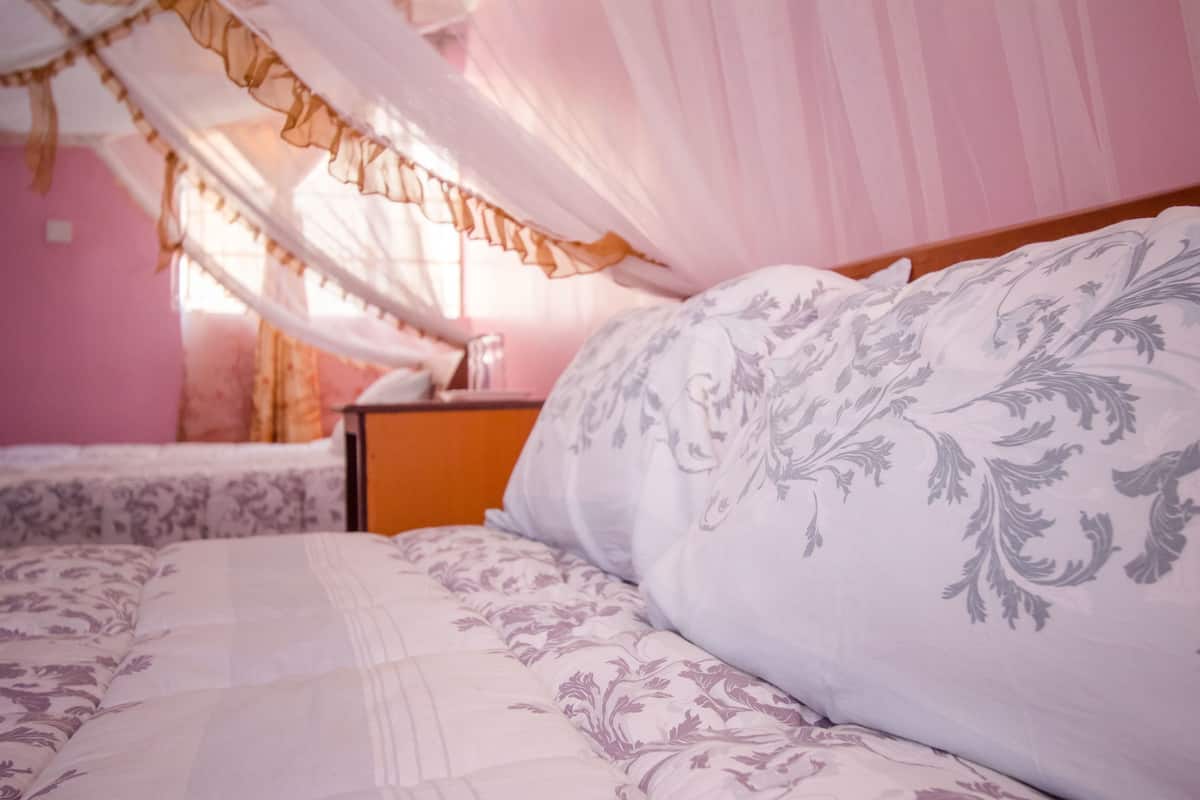 A bedroom with a canopy bed, a nightstand, and a pink wall.