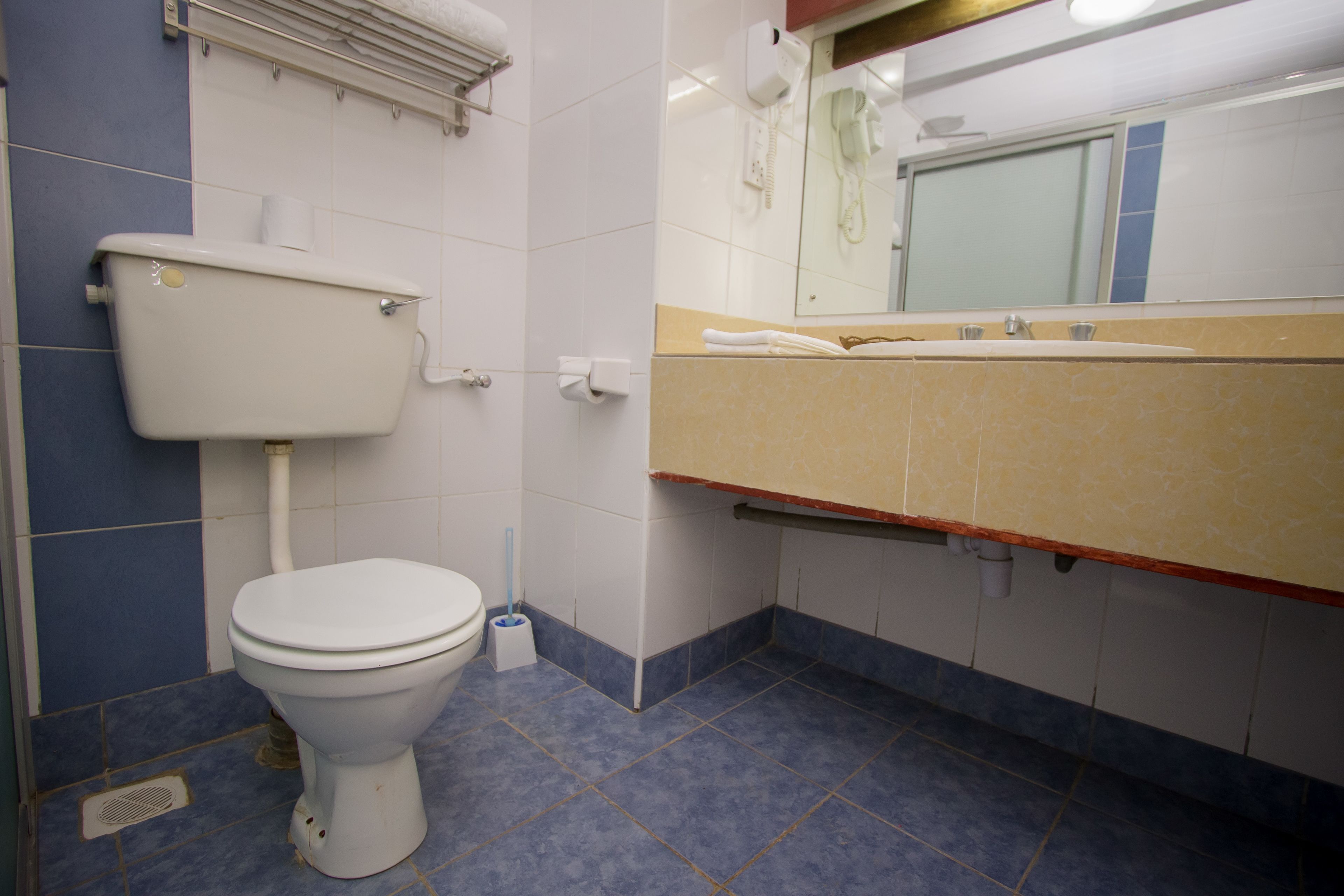 A bathroom with a toilet, sink, mirror, and towel rack.