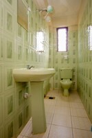 Un baño con paredes de color verde con diseño, un lavamanos, un inodoro y una ventana con marco morado.