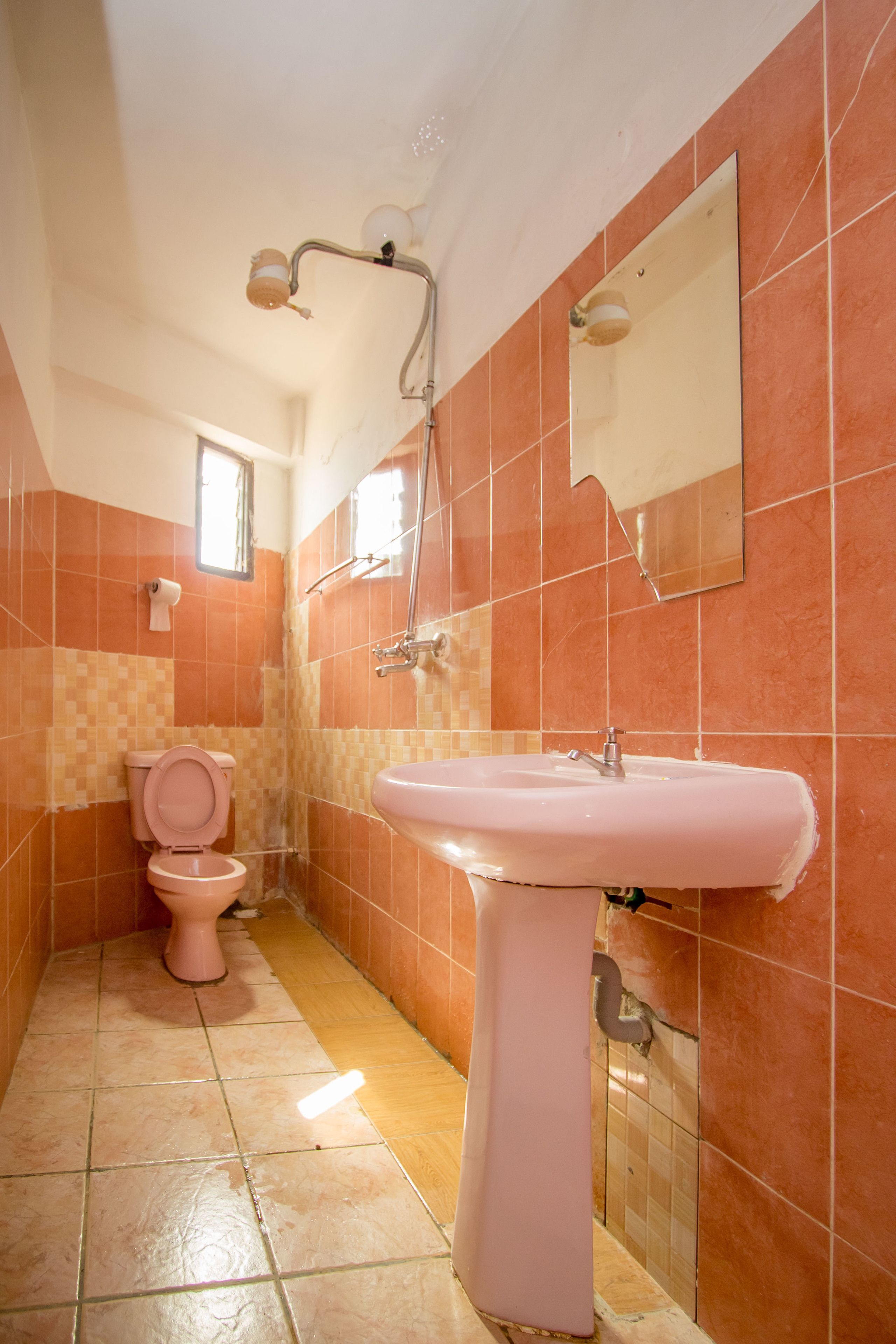 Een badkamer met een roze toilet, een wastafel en een douche.