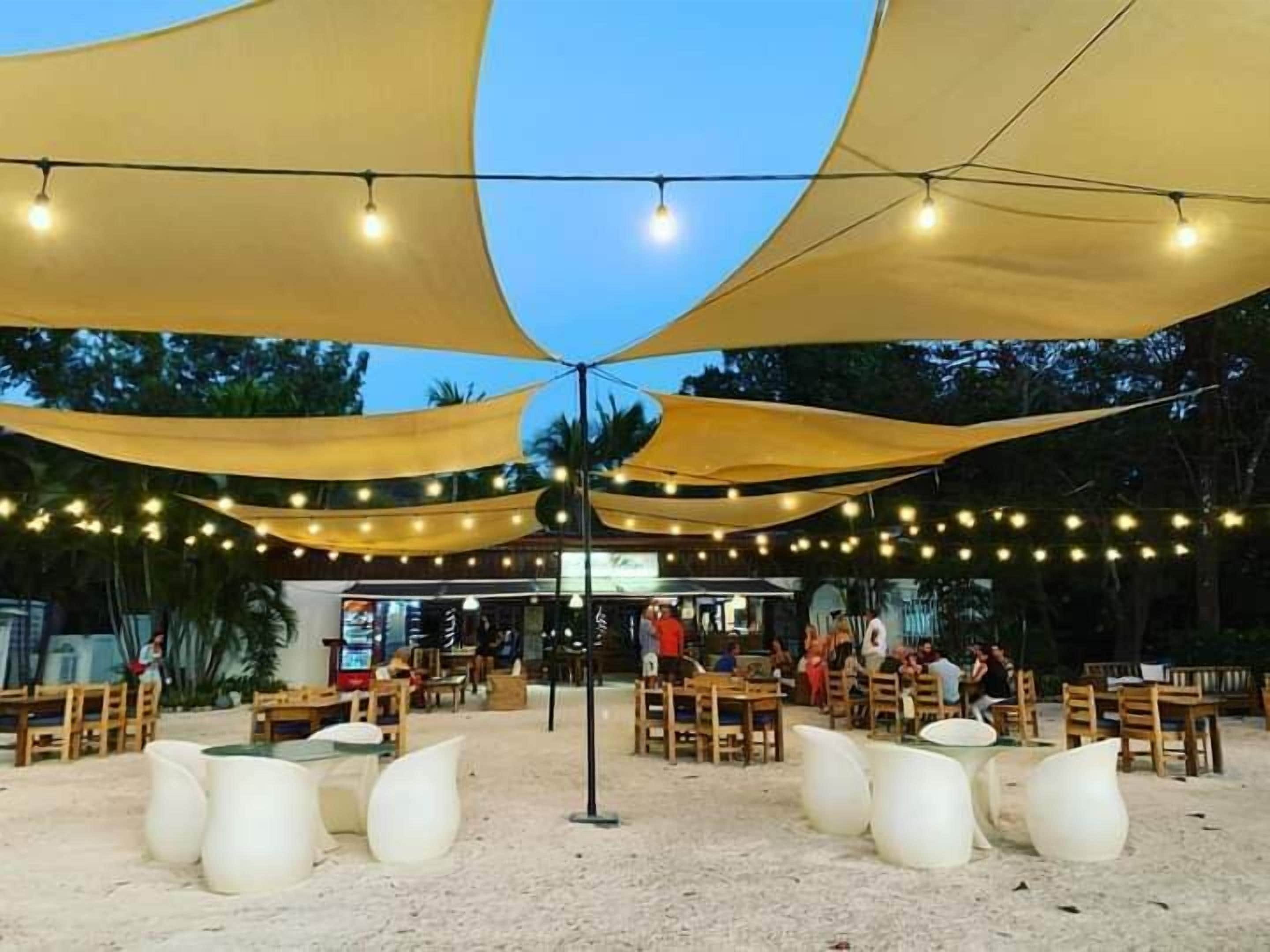 Un área de estar al aire libre con mesas y sillas bajo toldos amarillos, luces colgantes y vistas a la playa y palmeras.