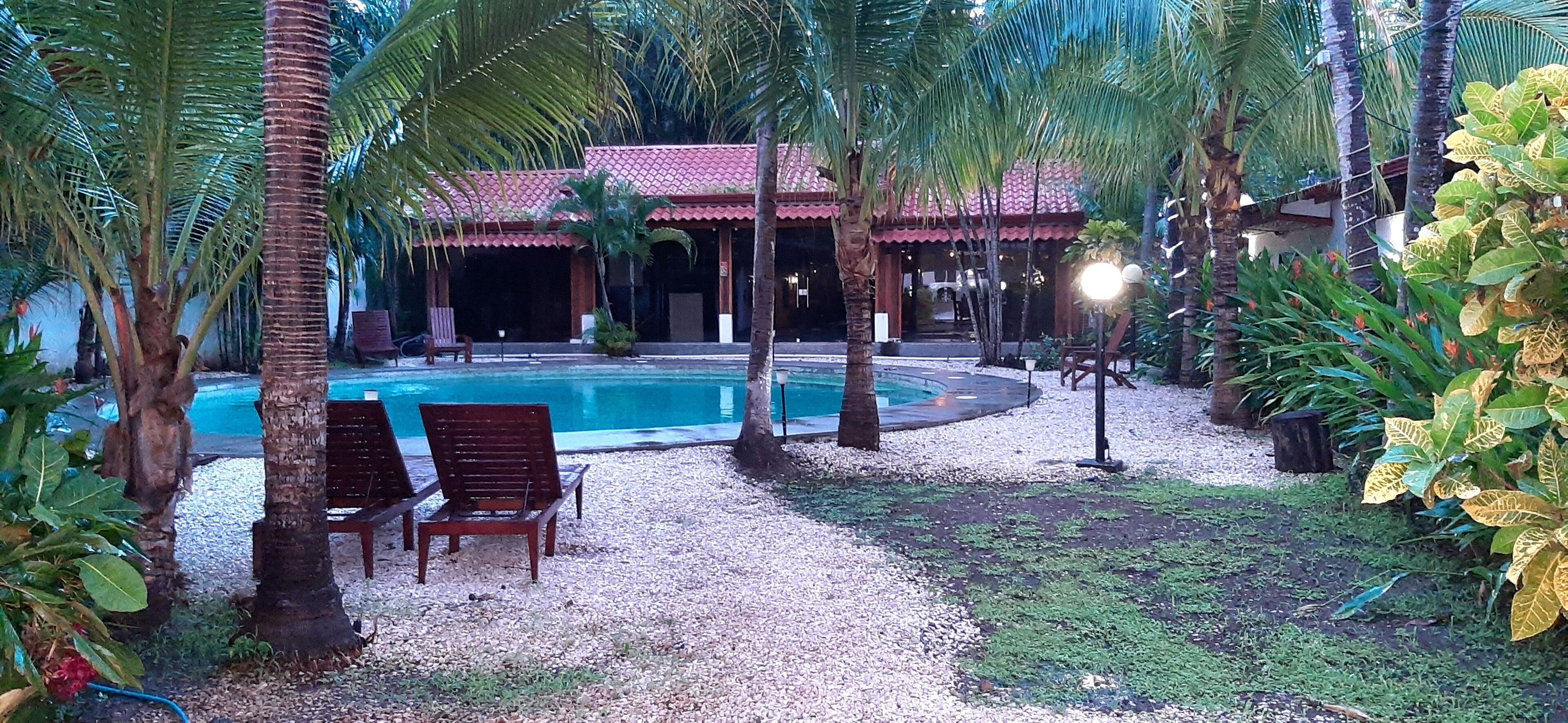 A poolside area with a tiled roof structure, palm trees, and a seating area with benches.