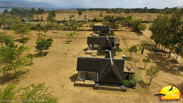 Uma área rural com vários pequenos edifícios, provavelmente casas de hóspedes ou chalés, dispostos em linha.