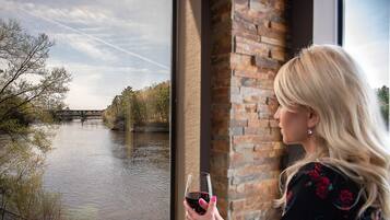 A person holding a wine glass by a window overlooking a river with a bridge.