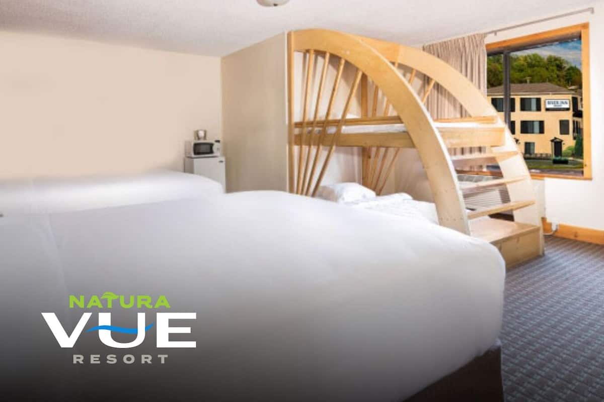 Room, 2 Queen Beds with 1 Bunk Bed, Street View | Premium bedding, desk, blackout drapes, iron/ironing board