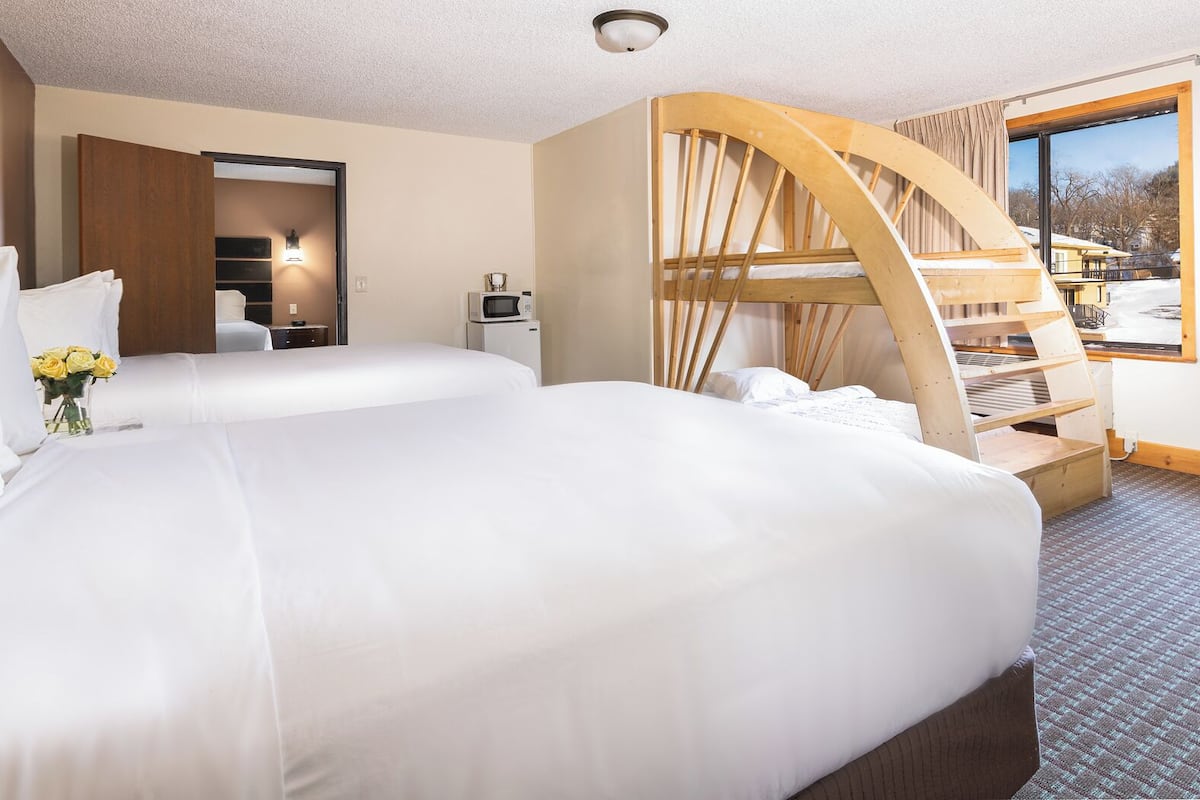 2 Bedroom Suite with 3 Queen Beds & Bunk Beds- Street Side View | Premium bedding, desk, blackout drapes, iron/ironing board