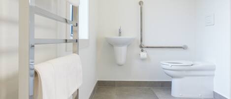 A bathroom with a toilet, sink, and towel rack.