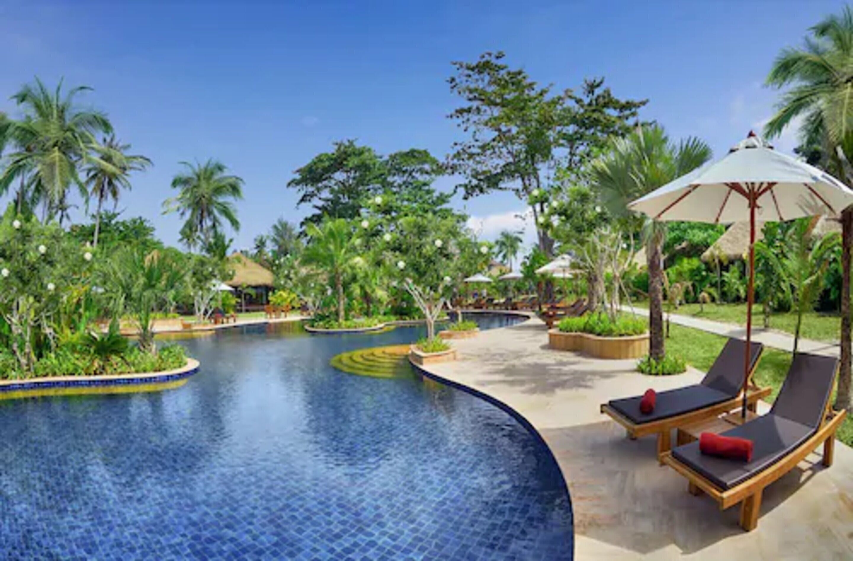 outdoor pool, pool umbrellas, pool loungers