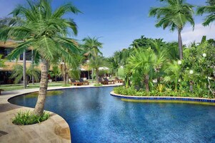 Outdoor pool, pool umbrellas, pool loungers