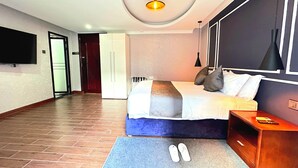 Un dormitorio con cama, mesita de noche, televisor, armario y puerta.