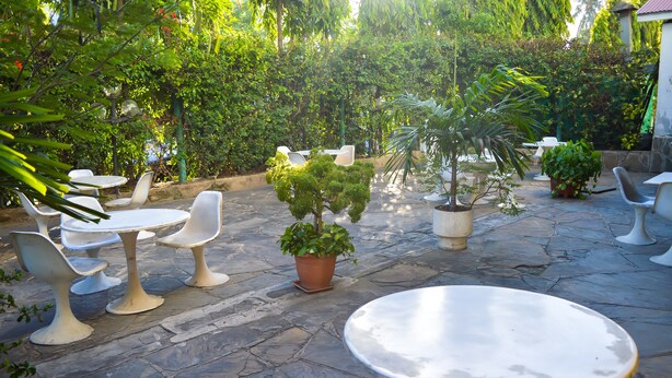 Un patio con suelo de piedra, mesas y sillas blancas, y diversas macetas con plantas.