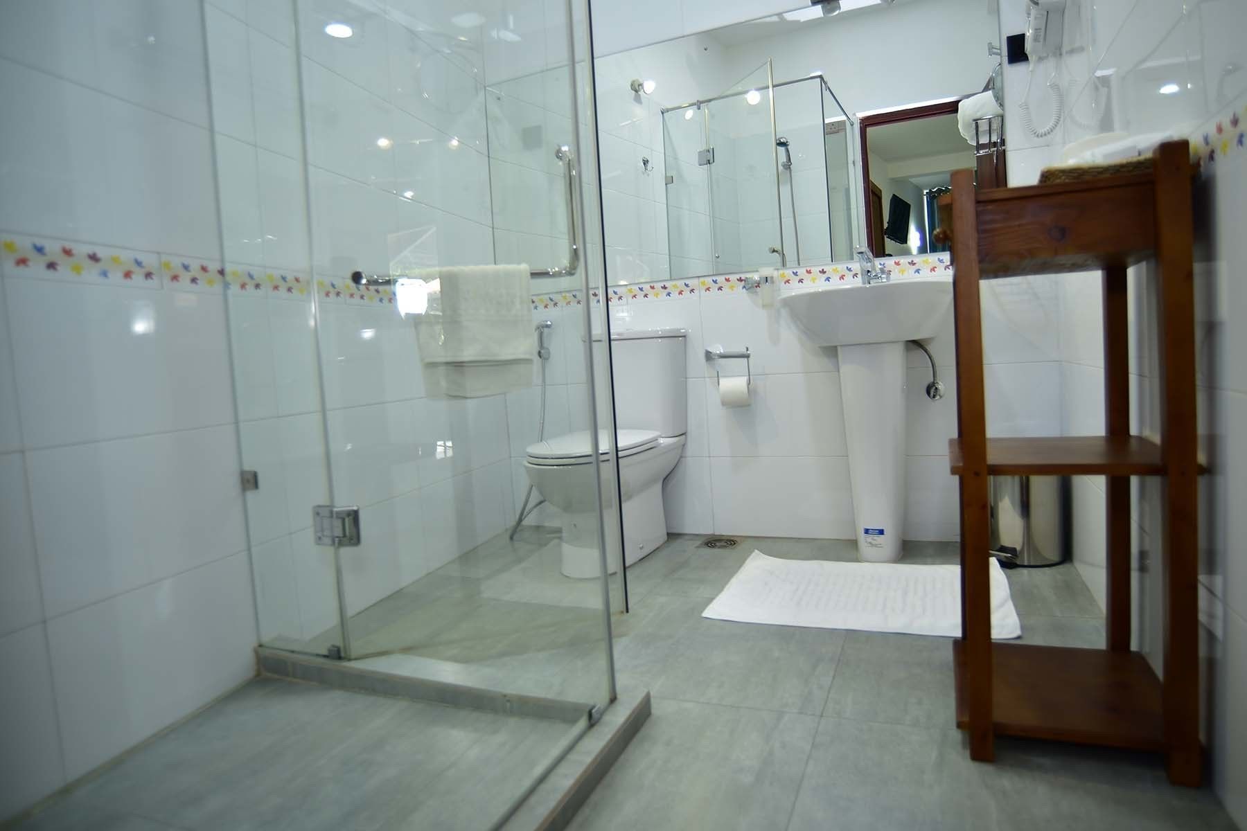 A modern bathroom with a glass shower enclosure, a toilet, and a sink.