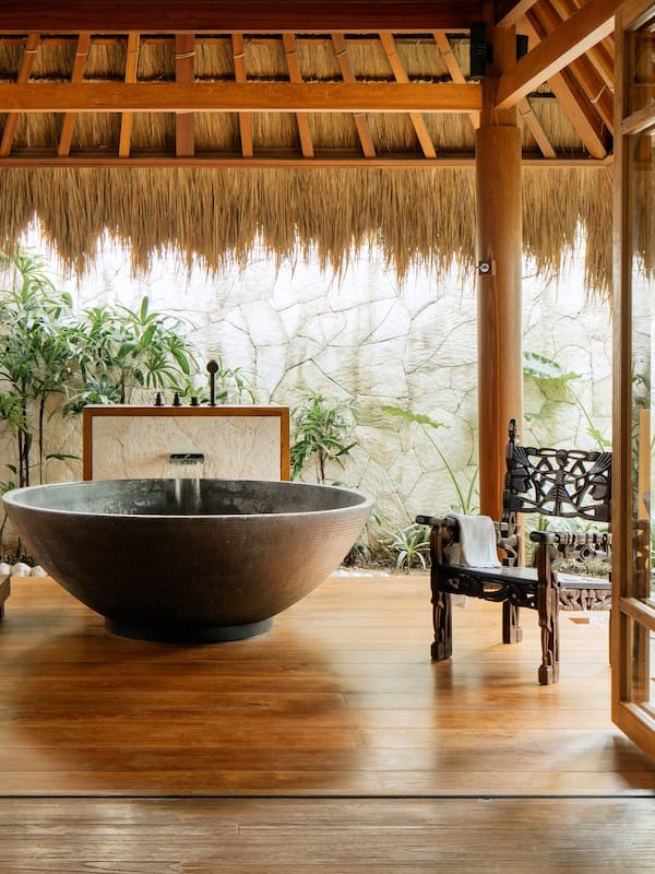 Separate tub and shower, deep soaking tub, rainfall showerhead