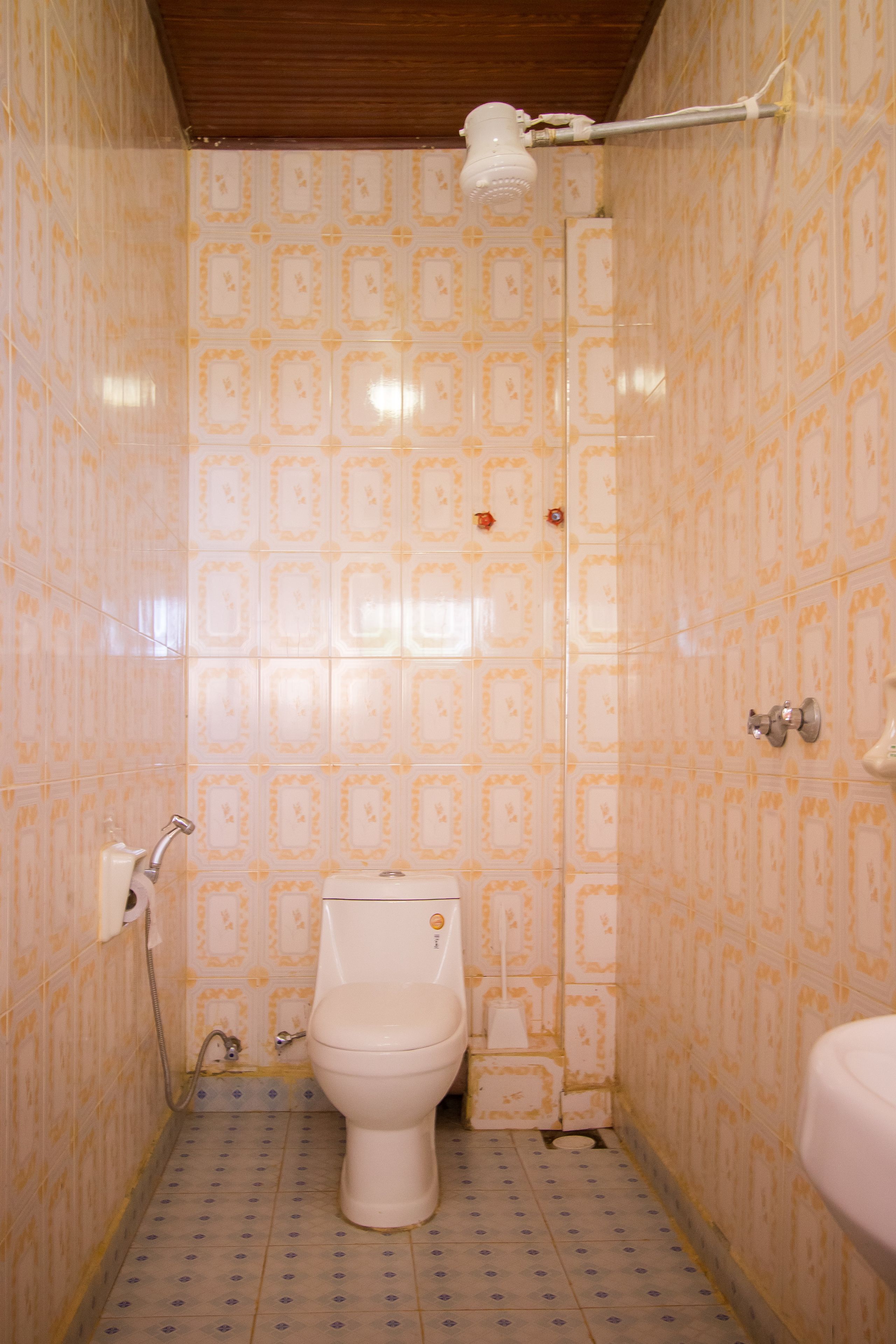 A small bathroom with patterned tiles, a toilet, a sink, and a showerhead.