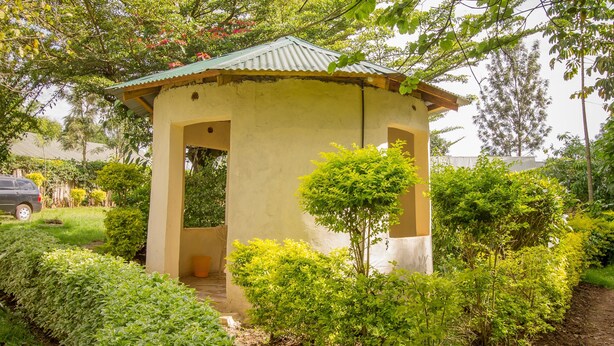 Una pequeña construcción de un solo piso con techo verde, rodeada de abundante vegetación y un sendero de tierra.