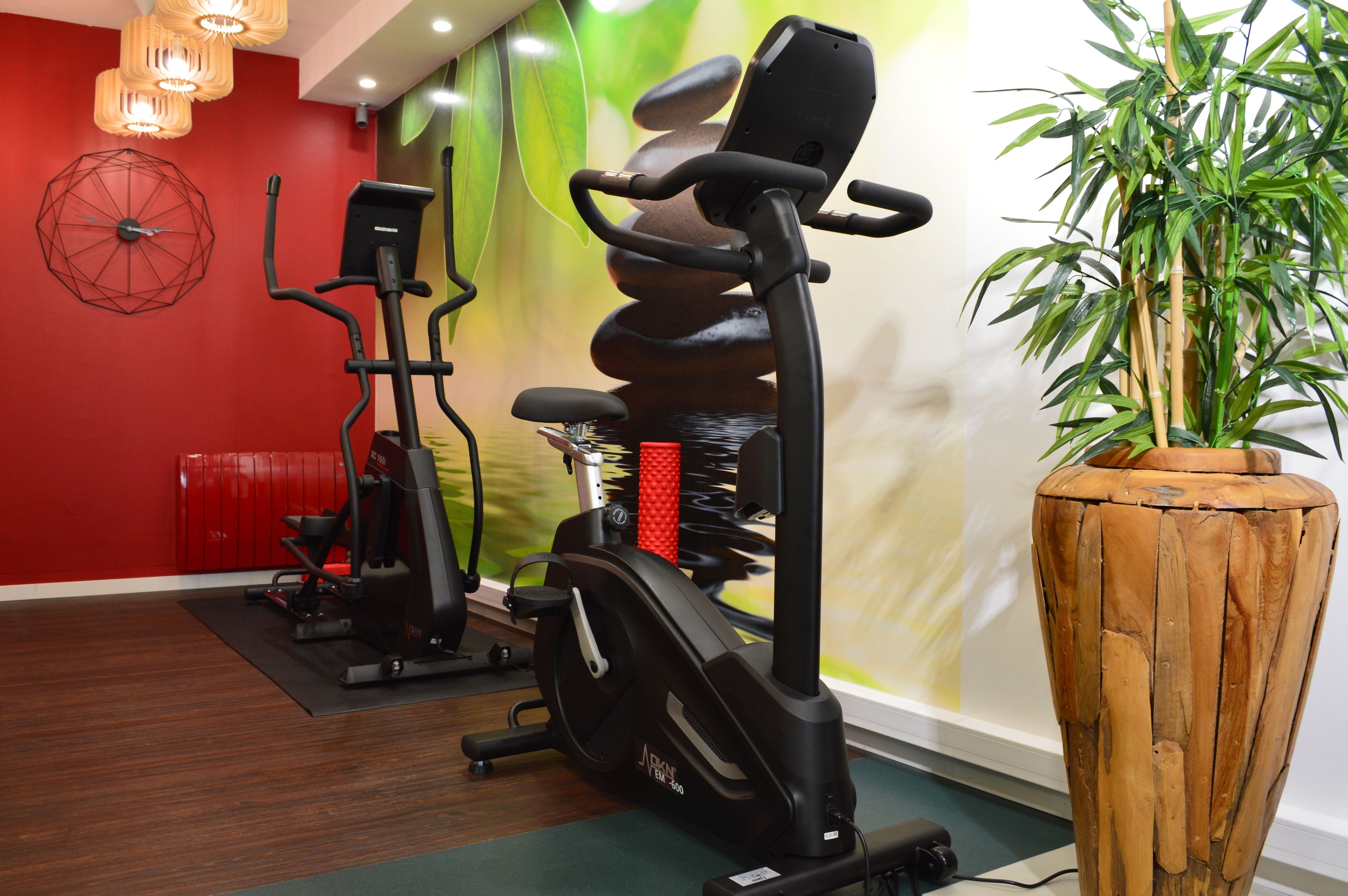 Un gimnasio con equipo de ejercicio, una gran jardinera de madera y una pared roja con un diseño geométrico.