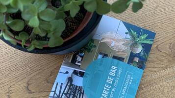 A brochure for the Hôtel Ambassadeur, featuring a modern interior with a bar area, a potted plant, and a wicker chair.