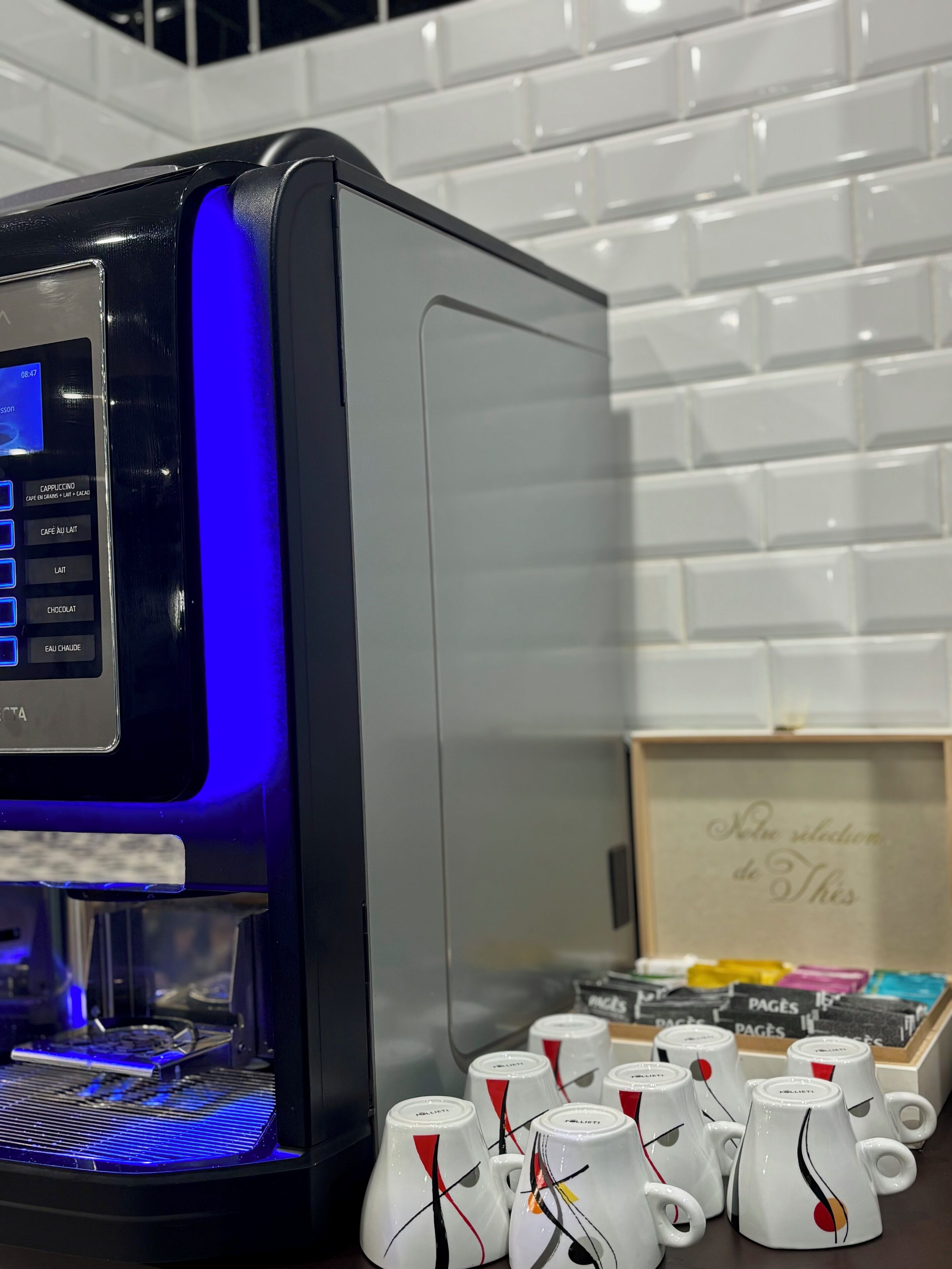 A coffee machine with a digital display and buttons for various coffee options.