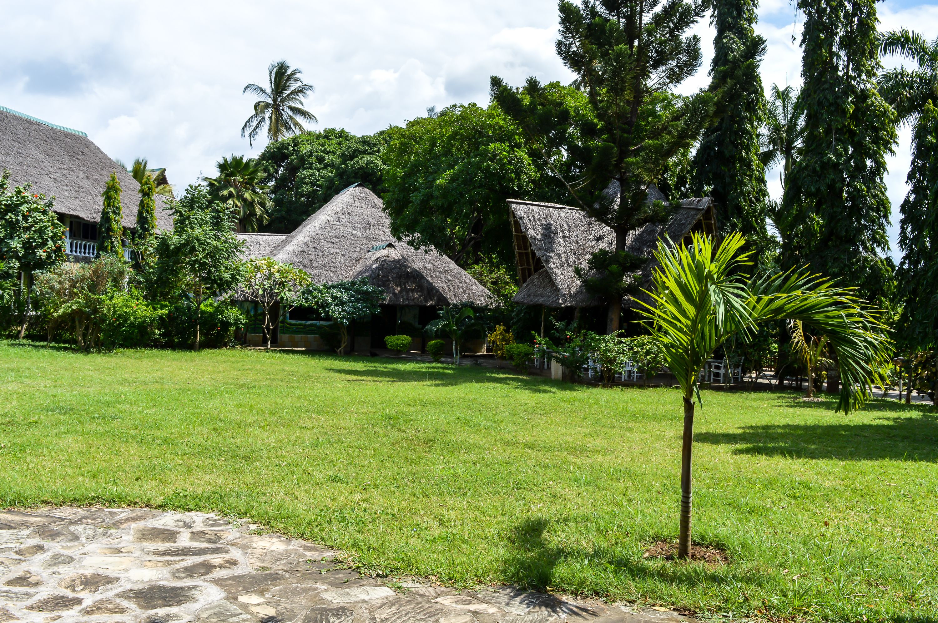 Um resort tropical com edifícios de palha, um gramado bem cuidado e um caminho de pedra.