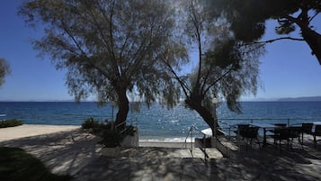 Plage, chaises longues, parasols