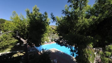 Outdoor pool, open 11 AM to 7 PM, pool umbrellas, pool loungers