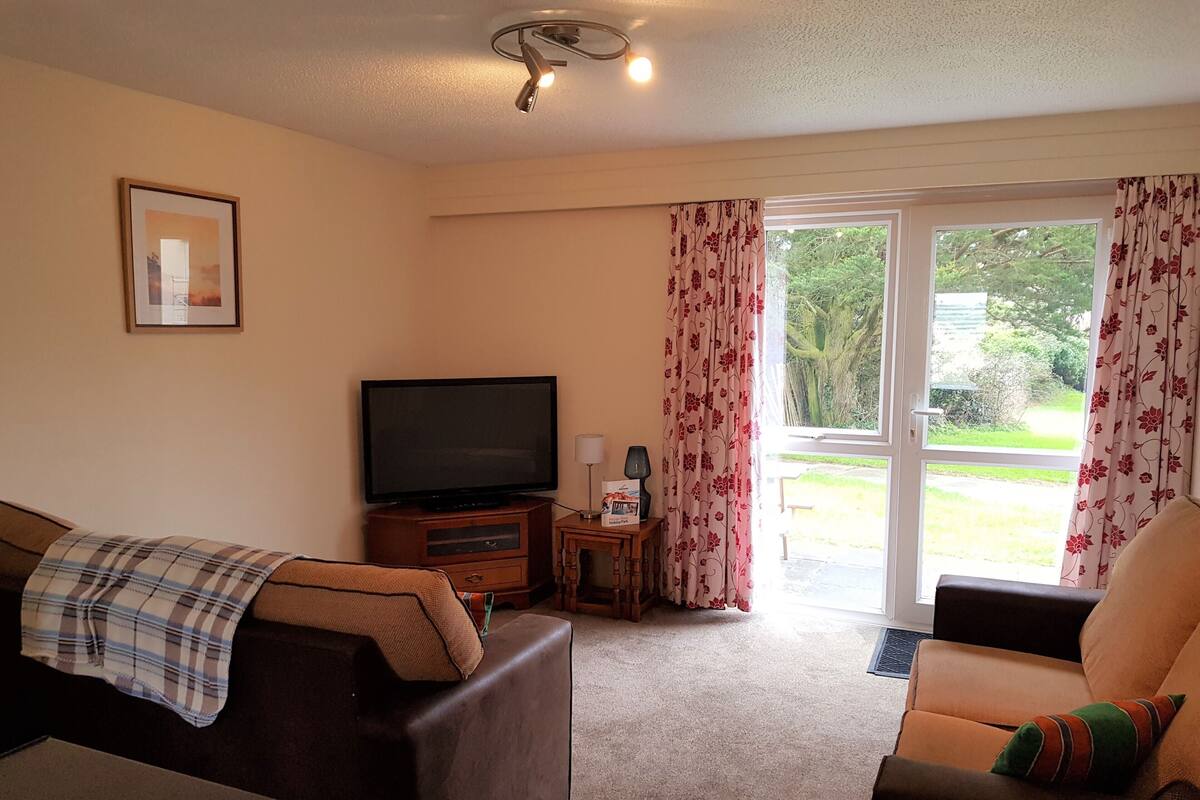 Ein Wohnzimmer mit Fernseher, einer Couch, einem Sessel und einem kleinen Tisch mit Lampe. Ein Fenster mit Vorhängen bietet Blick auf Grünflächen.