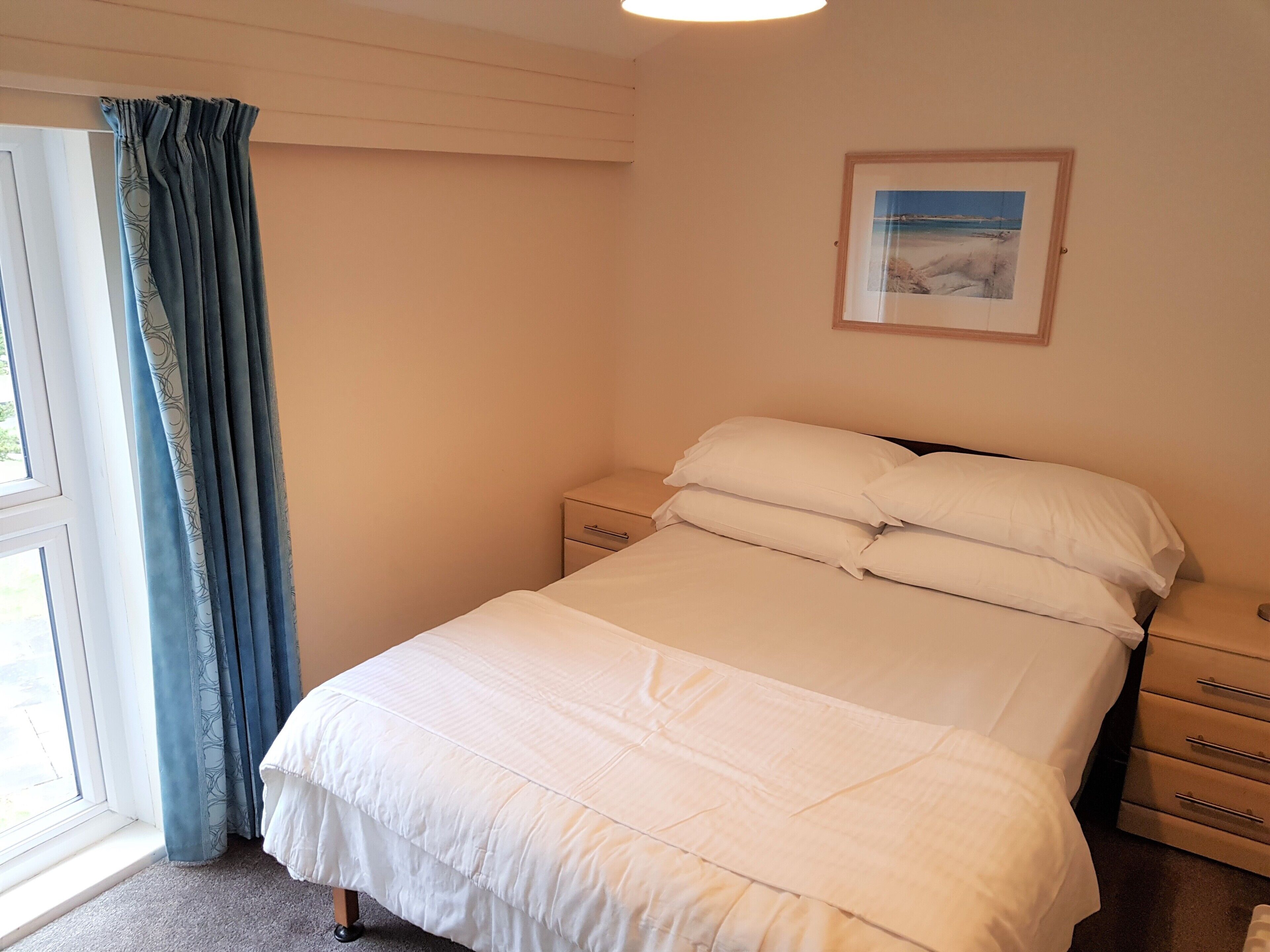 A bedroom with a bed, a nightstand, a drawer, a window with curtains, and a framed picture on the wall.