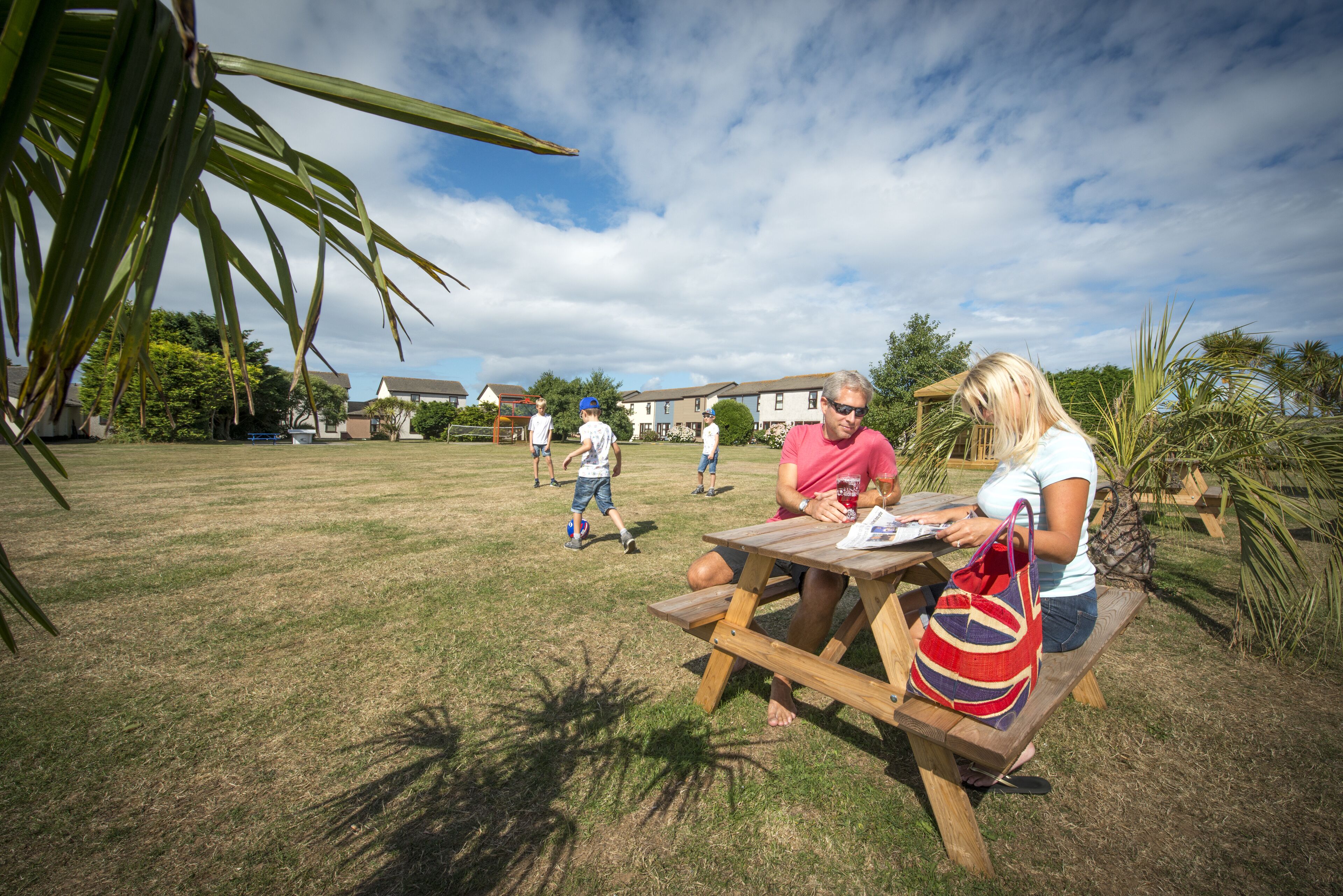 A picnic area with wooden benches and picnic tables, surrounded by grass and palm trees, with houses in the background.