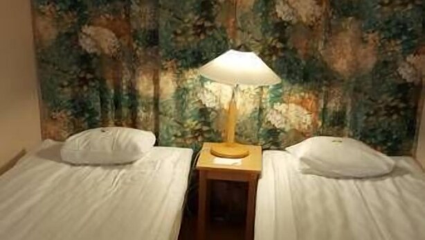 A room with two single beds, a nightstand with a lamp, and a floral curtain. - Hotell Sport & Rest (Pitea)