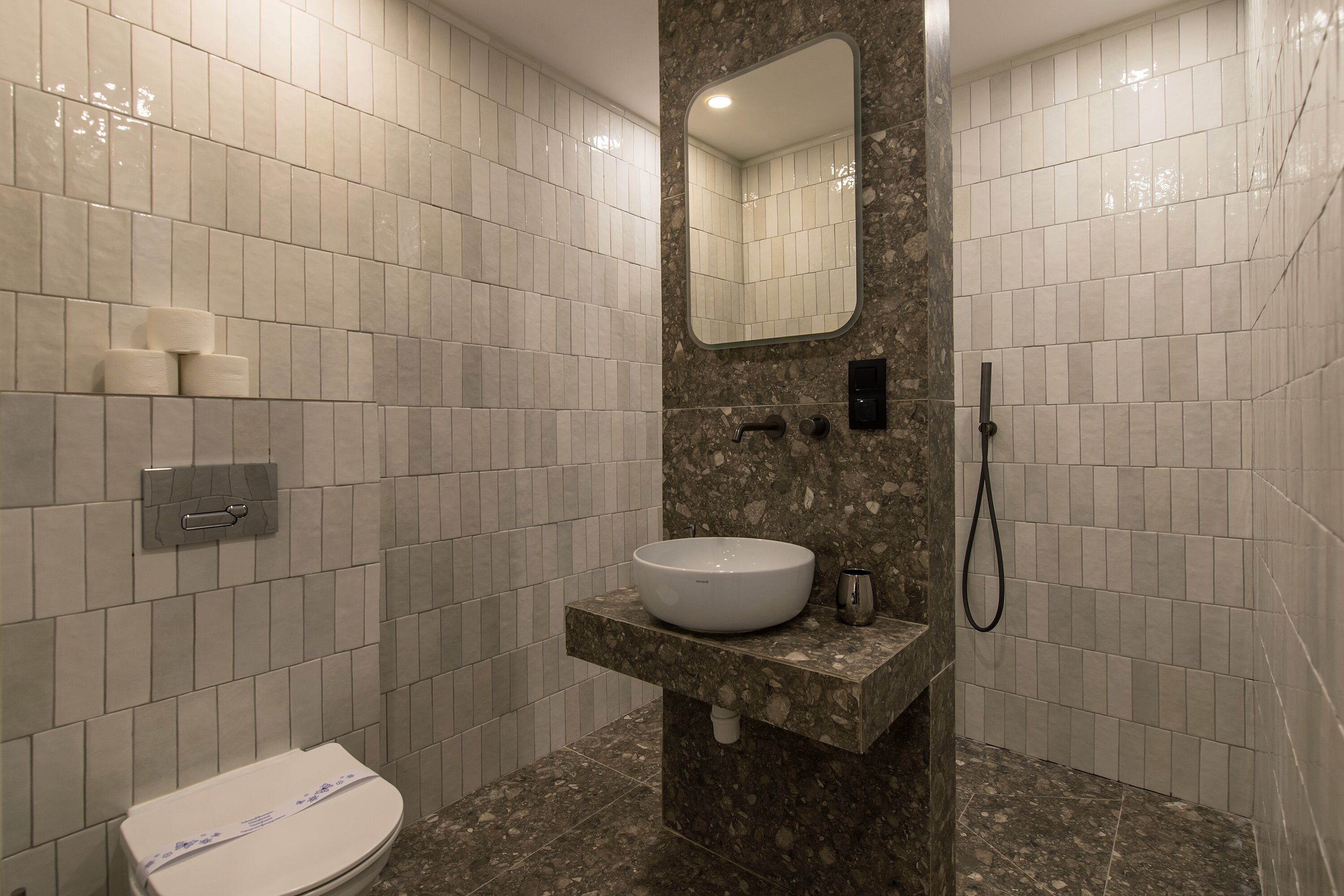 A modern bathroom with a toilet, a sink with a marble countertop, a mirror, and a shower area.