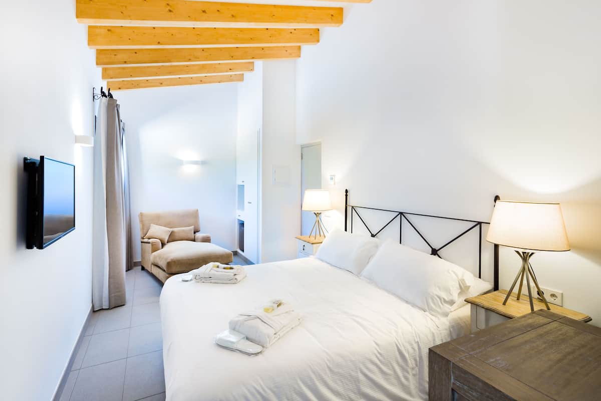 Een hotelkamer met een groot bed, een stoel, een televisie en een houten plafond.
