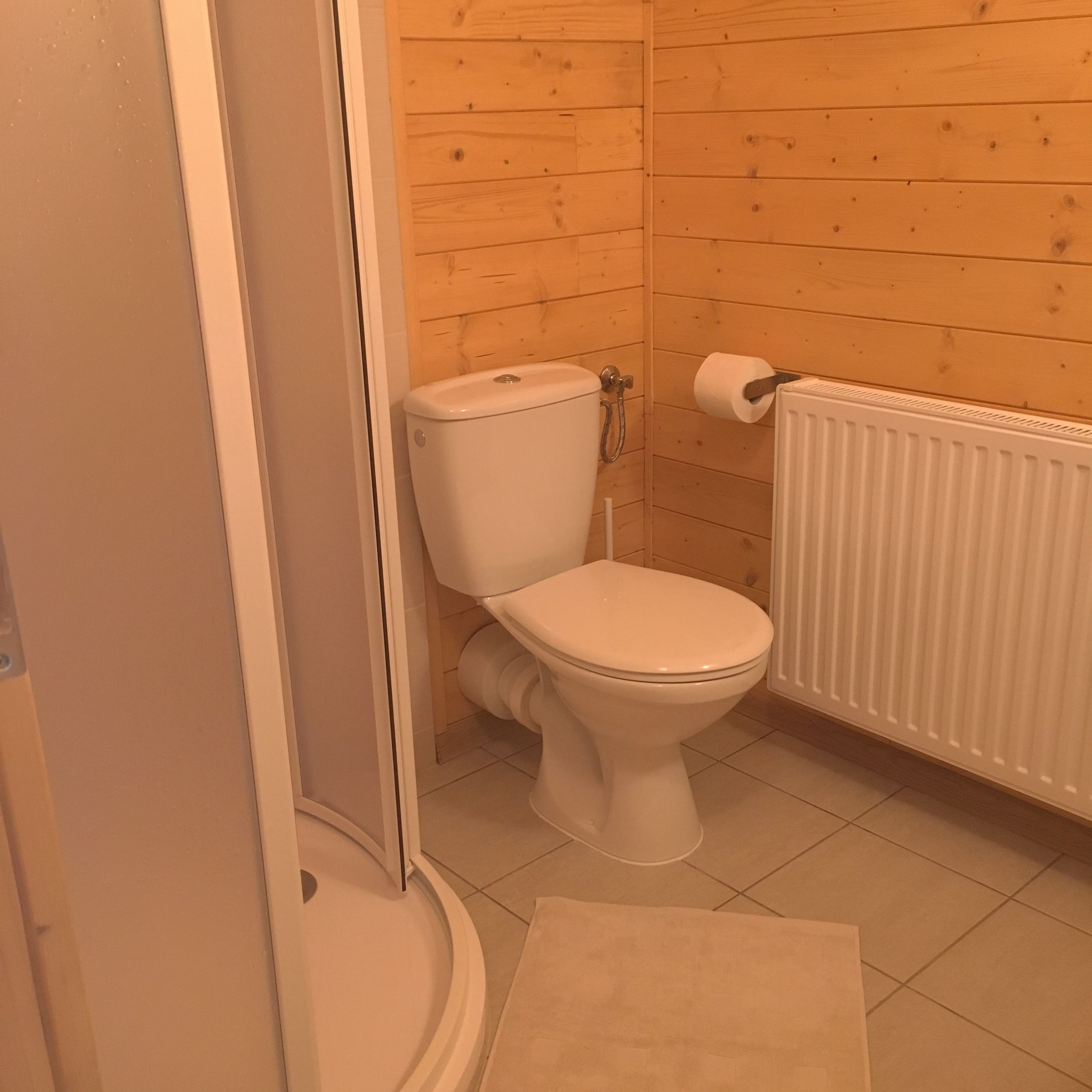 A bathroom with a toilet, a radiator, and wooden walls.