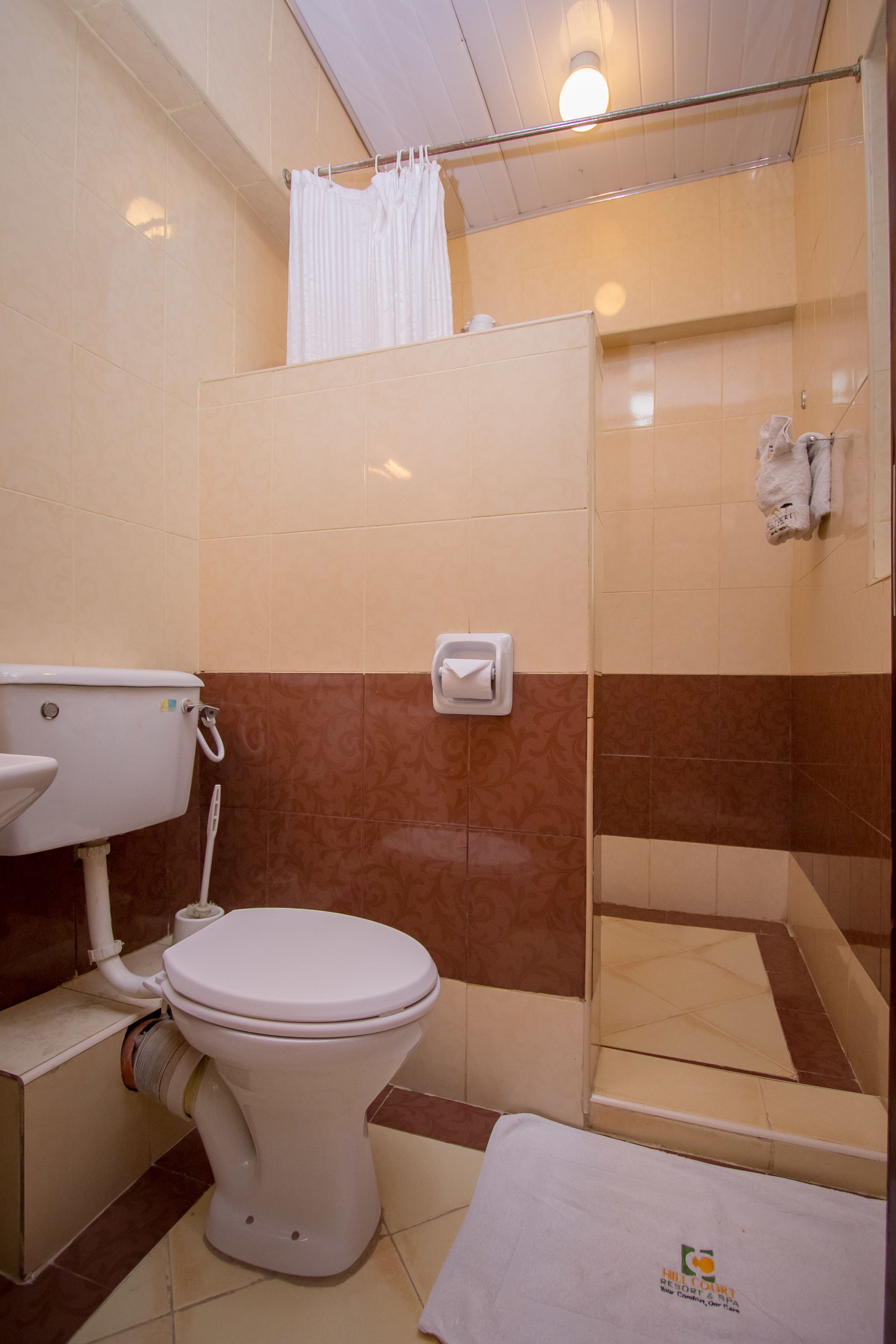 Casa de banho com sanita, chuveiro e porta-toalhas.