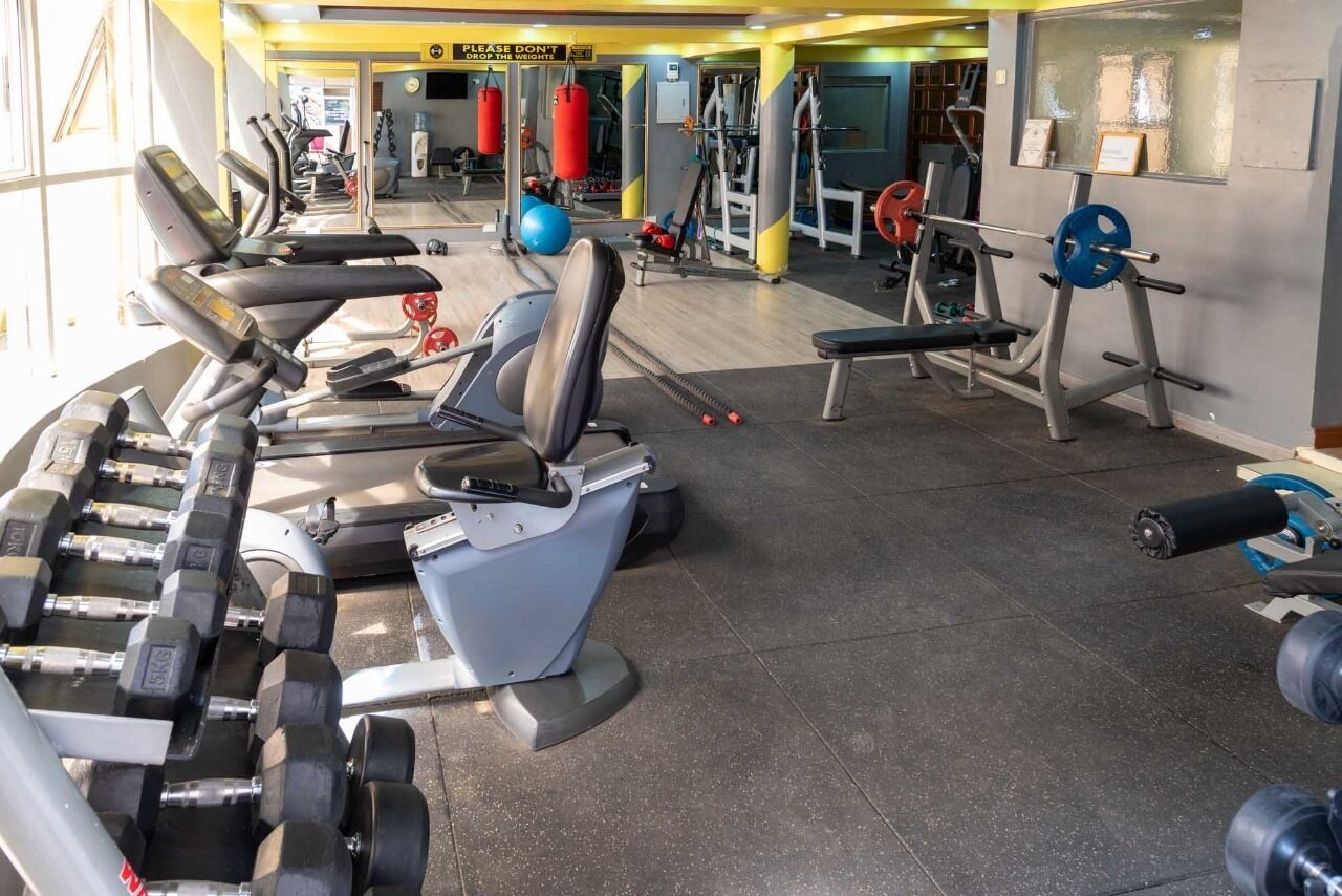 A gym with treadmills, dumbbells, and weight machines.