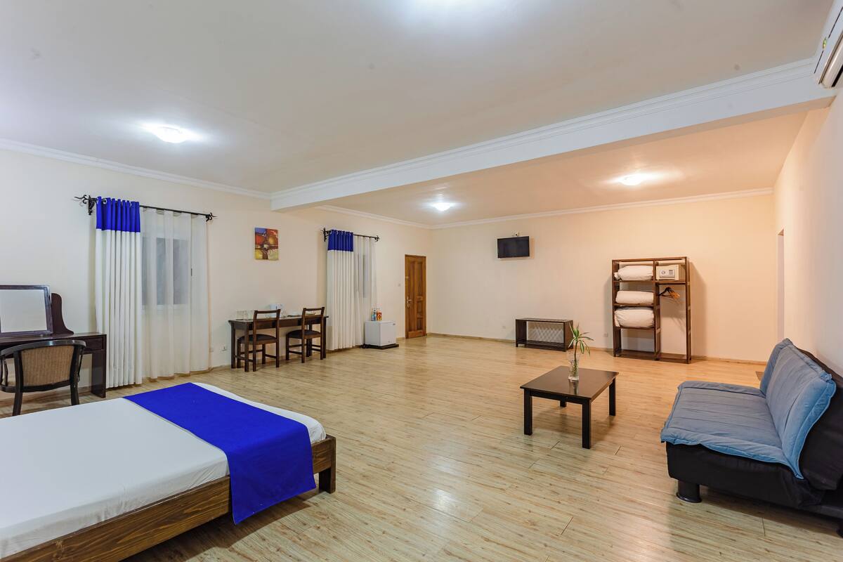 Una habitación con cama, sofá, escritorio con silla, una mesita con una planta y un televisor en la pared.