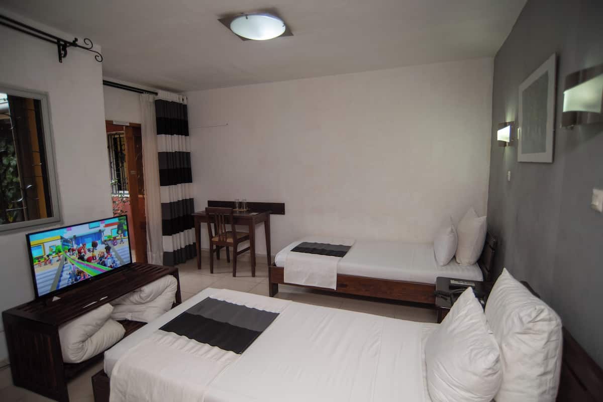 Een kamer met een bed, een bureau en een televisie.