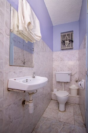 Un baño con lavamanos, inodoro y espejo.
