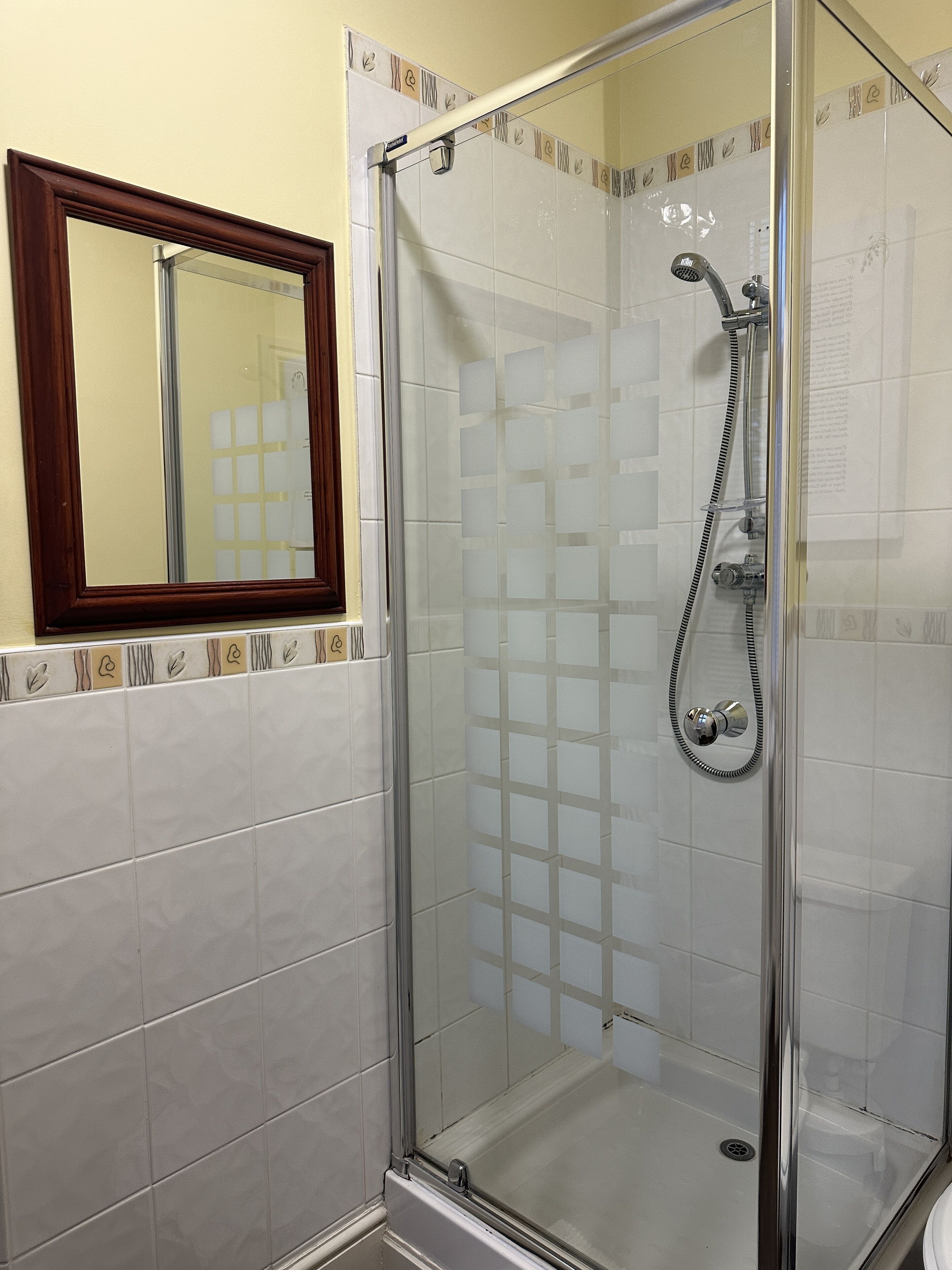A glass-enclosed shower with a handheld showerhead and a wall-mounted faucet.