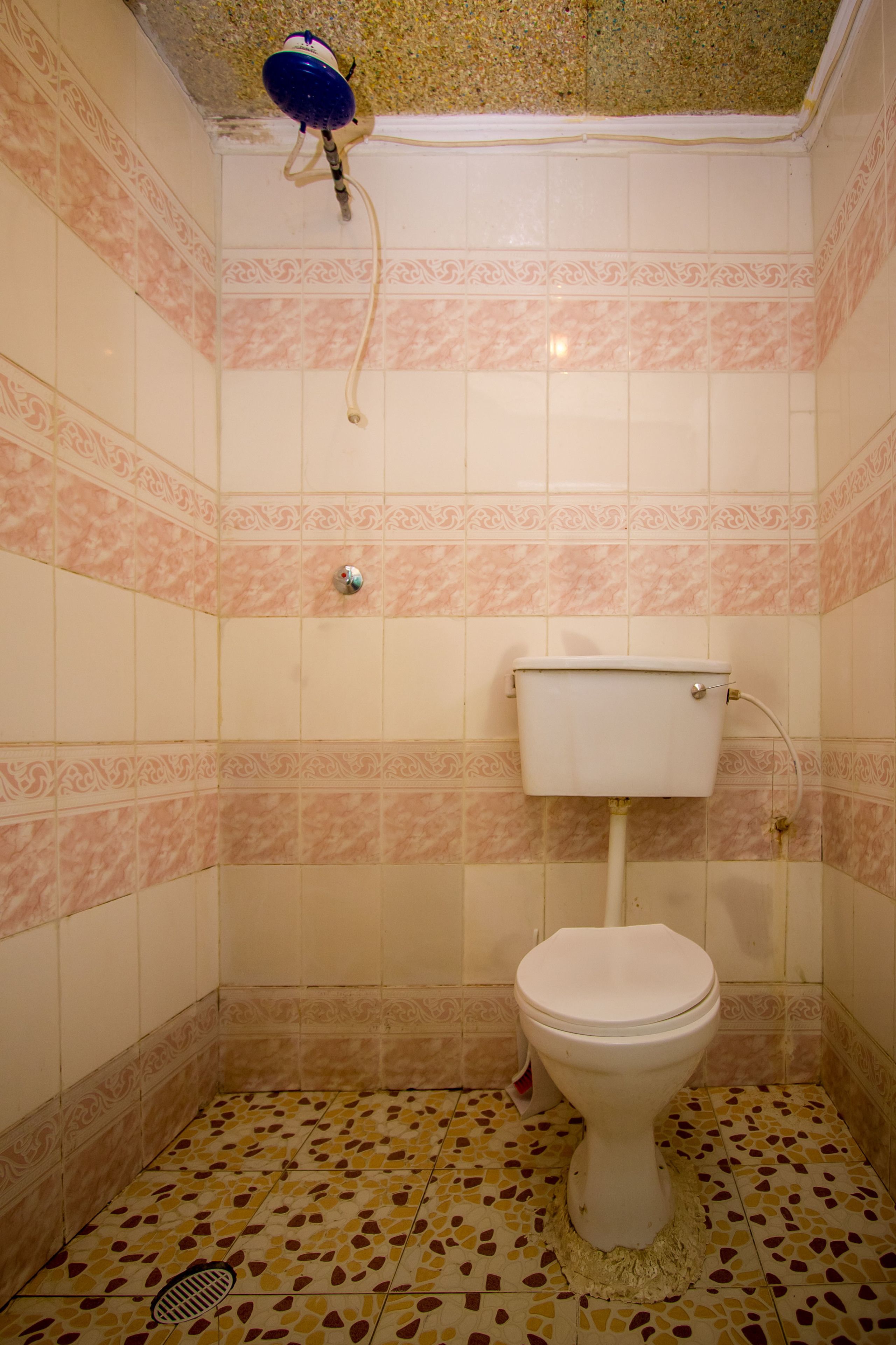 A bathroom with patterned tiles, a toilet, and a shower head.