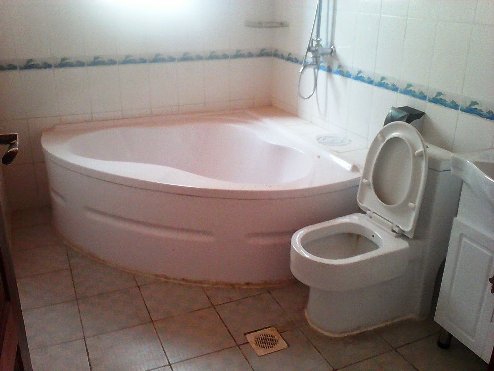 A bathroom with a bathtub and a toilet.